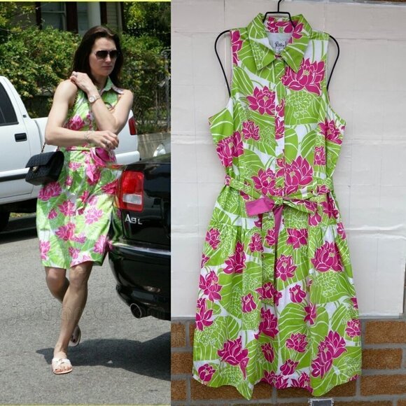 Lilly Pulitzer Green Pink Lily Frog Floral dopamine dressing rockabilly Dress 14 - Picture 2 of 16